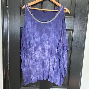 GUESS? Embellished Neckline Cold Shoulder Tie Dye Purple Top